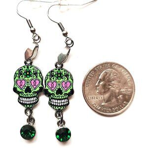 Green Sugar Skull Earrings Pink Heart Eyes Emerald Crystal Drop Day of the Dead